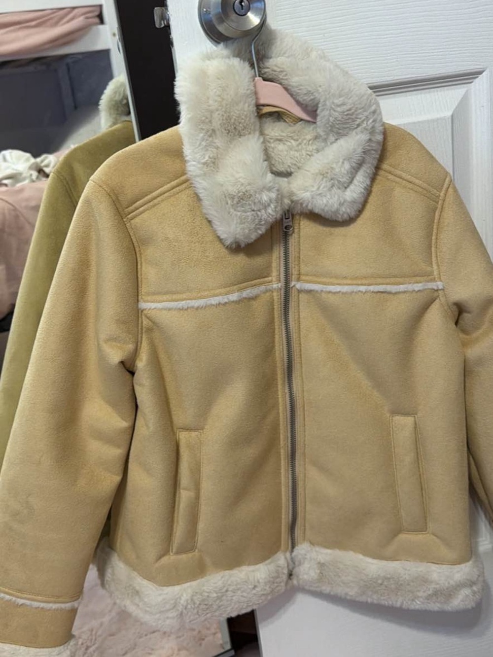 Girls Faux Shearling Zip Jacket in Camel